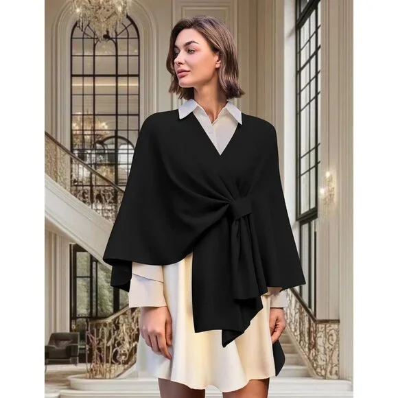 Women's Black 1 Elegant Open Poncho Sweater Spring Fall Winter Shawl Wrap - Picture 3 of 6